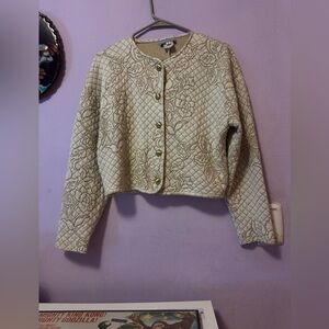 Ashley Brooke Cream White Quilted Jacket with Gold Buttons and gold leaf design